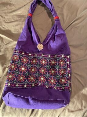 Handmade Purple Embroidered Boho Hobo Bag 12x13 unlined